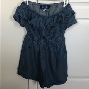 Off the shoulder, blue jean romper.